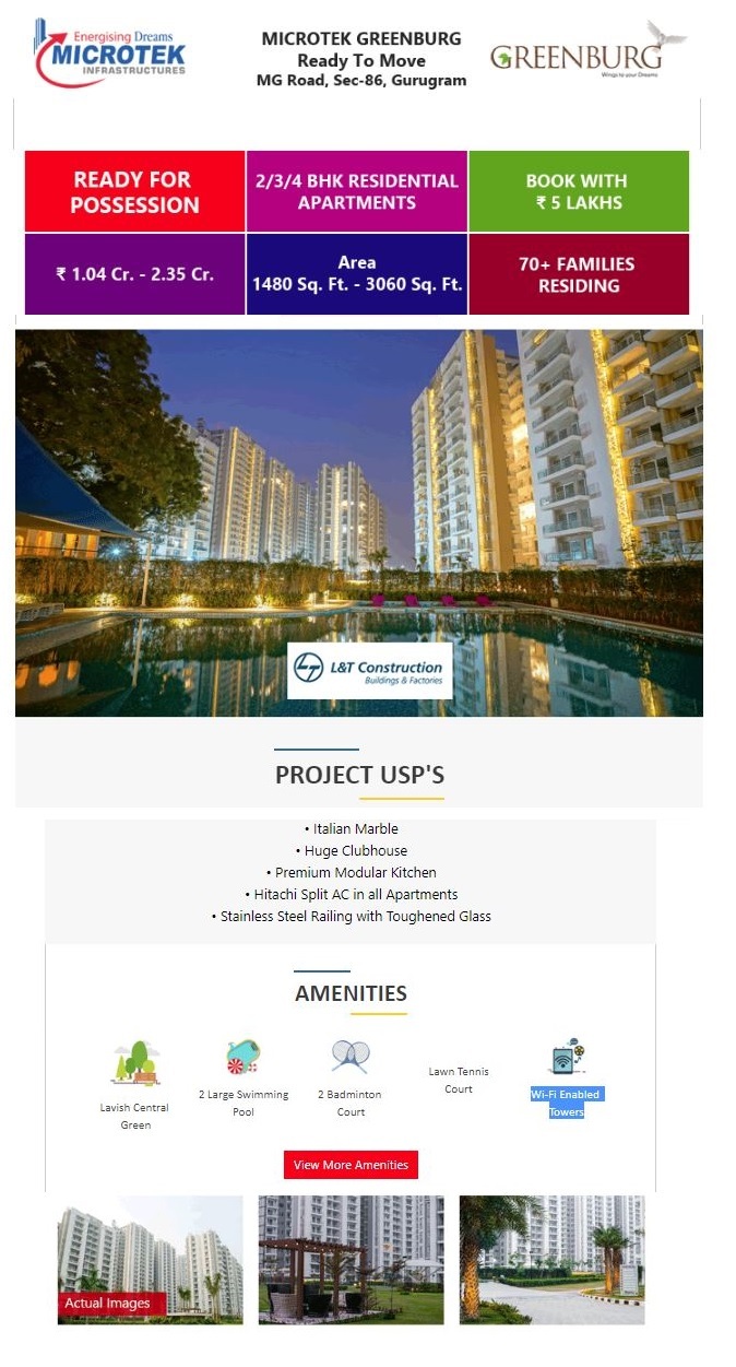 Book 2, 3 and 4 BHK Luxury Apartments at Rs. 1.04 Cr. Onwards in Microtek Greenburg, Gurgaon. Update